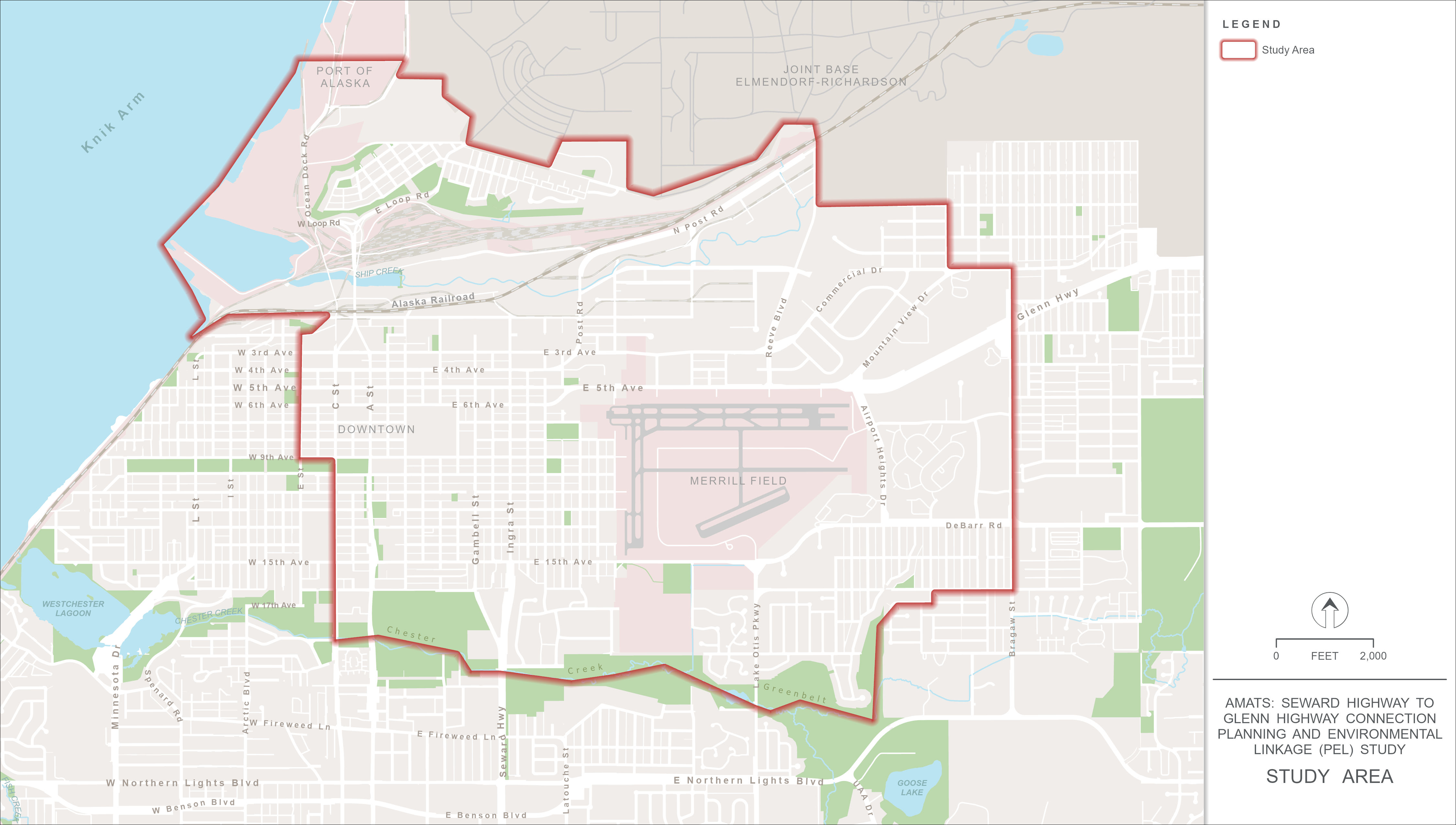 A map shows a red border marking the project area in Anchorage. The area includes the Port of Alaska, Downtown, and Merrill Field. It also includes portions of many roads, such as Glenn Highway on the east side of the map and Seward Highway in the south side.